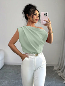 Elenzga Blusa Assimétrica Franzida de Cor Sólida Minimalista Feminina, Verão