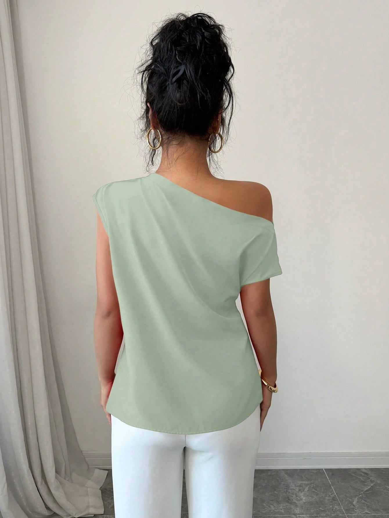 Elenzga Blusa Assimétrica Franzida de Cor Sólida Minimalista Feminina, Verão
