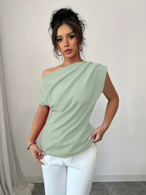 Elenzga Blusa Assimétrica Franzida de Cor Sólida Minimalista Feminina, Verão