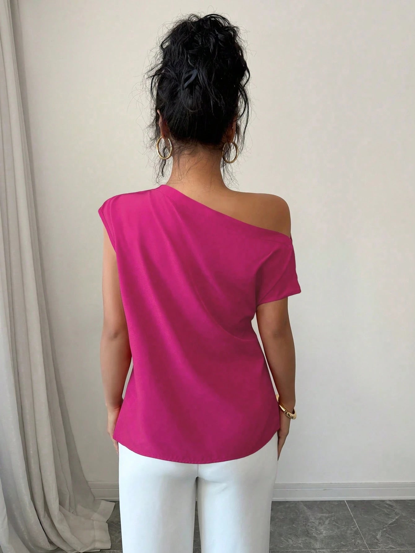 Elenzga Blusa Assimétrica Franzida de Cor Sólida Minimalista Feminina, Verão