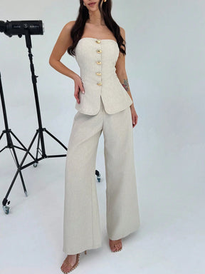 Firerie Conjunto de 2 Peças para Mulheres Minimalista Elegante, Top Bandeau com Botão de Metal e Calça de Perna Larga de Cintura Alta em Cáqui, Adequado para Escritório, Lazer, Férias