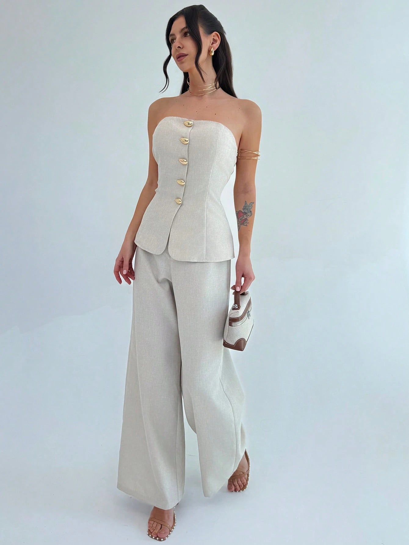 Firerie Conjunto de 2 Peças para Mulheres Minimalista Elegante, Top Bandeau com Botão de Metal e Calça de Perna Larga de Cintura Alta em Cáqui, Adequado para Escritório, Lazer, Férias