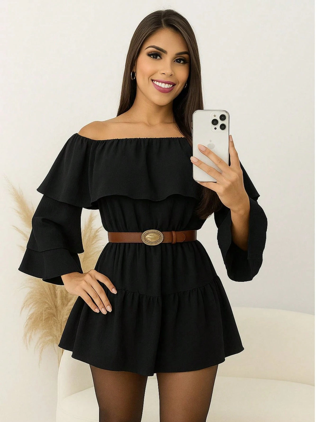 Vestido Feminino Macaquinho Duna Ombro a Ombro Manga Flare Estilo e Elegancia