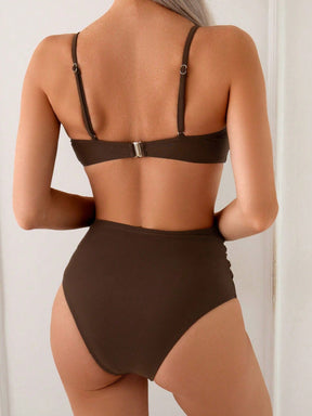 Bikini Elegante de Verão/Primavera para Mulheres com Concha Metálica, Miçangas, Alça no Pescoço, Cintura Alta e Controle da Barriga com borda plissada