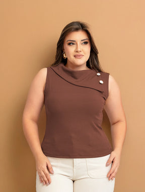 Blusa Feminina Gola Alta C/ 2 Botões Malha Ribana Premium