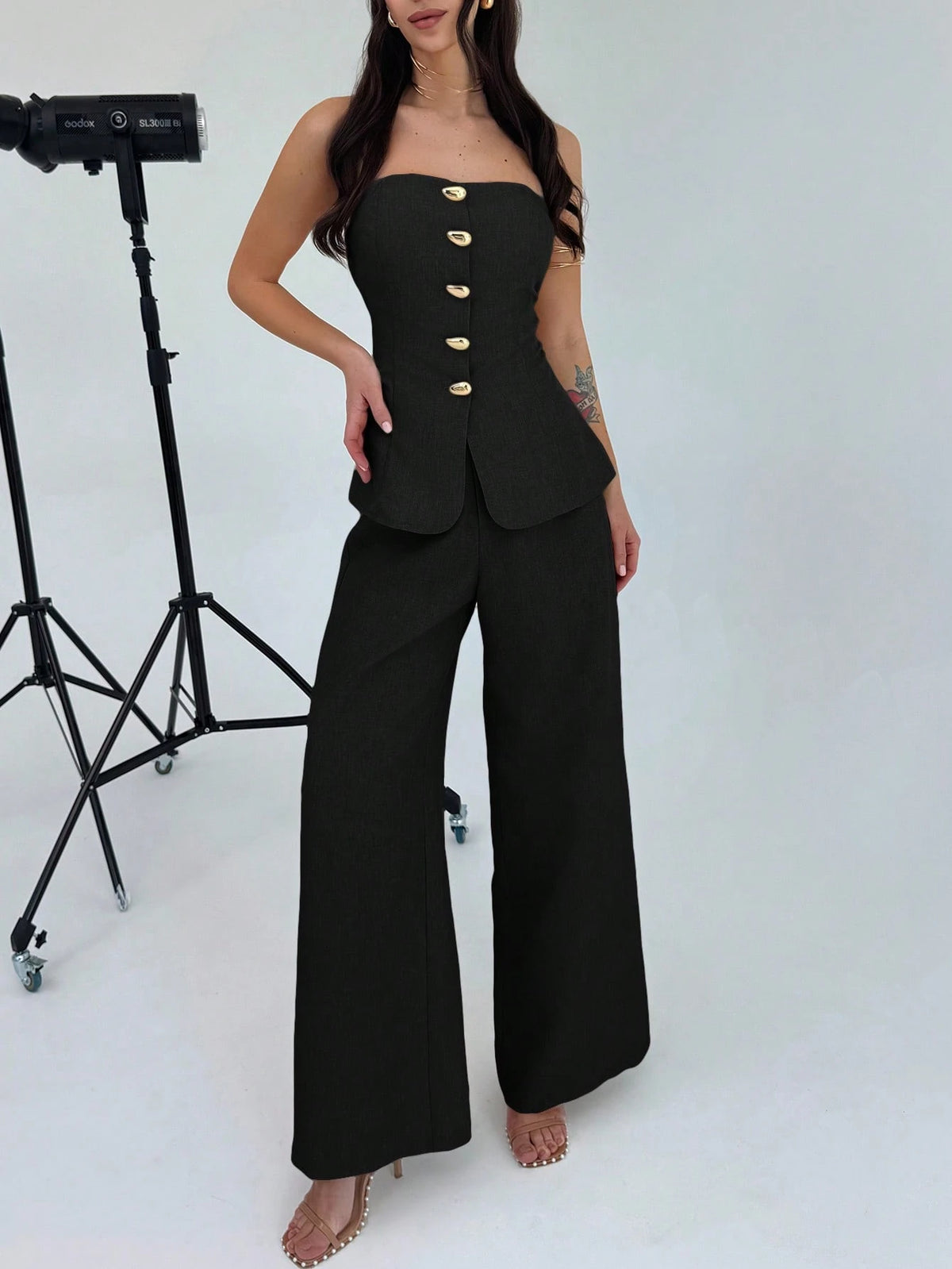Firerie Conjunto de 2 Peças para Mulheres Minimalista Elegante, Top Bandeau com Botão de Metal e Calça de Perna Larga de Cintura Alta em Cáqui, Adequado para Escritório, Lazer, Férias