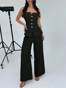 Firerie Conjunto de 2 Peças para Mulheres Minimalista Elegante, Top Bandeau com Botão de Metal e Calça de Perna Larga de Cintura Alta em Cáqui, Adequado para Escritório, Lazer, Férias