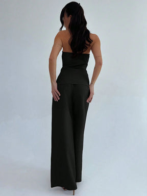 Firerie Conjunto de 2 Peças para Mulheres Minimalista Elegante, Top Bandeau com Botão de Metal e Calça de Perna Larga de Cintura Alta em Cáqui, Adequado para Escritório, Lazer, Férias