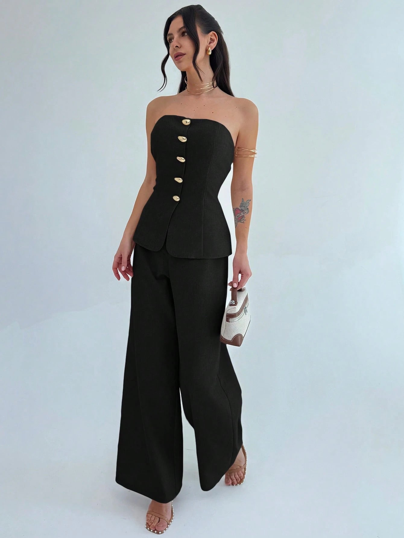 Firerie Conjunto de 2 Peças para Mulheres Minimalista Elegante, Top Bandeau com Botão de Metal e Calça de Perna Larga de Cintura Alta em Cáqui, Adequado para Escritório, Lazer, Férias