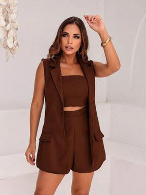 Conjunto Feminino Alfaiataria 3 peças Blazer, Cropped e Short