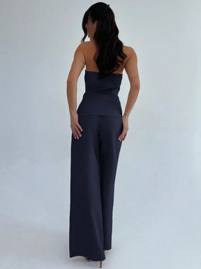 Firerie Conjunto de 2 Peças para Mulheres Minimalista Elegante, Top Bandeau com Botão de Metal e Calça de Perna Larga de Cintura Alta em Cáqui, Adequado para Escritório, Lazer, Férias