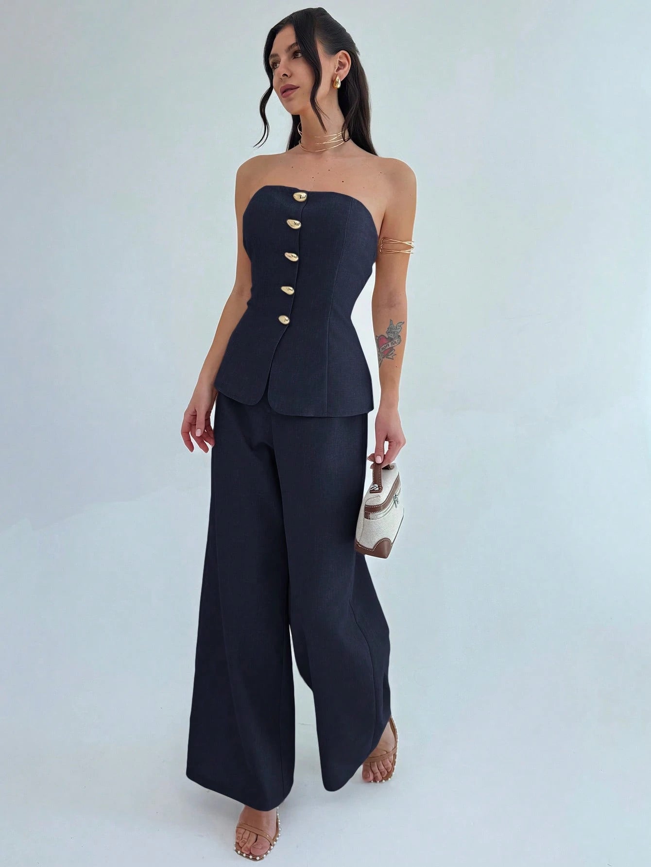 Firerie Conjunto de 2 Peças para Mulheres Minimalista Elegante, Top Bandeau com Botão de Metal e Calça de Perna Larga de Cintura Alta em Cáqui, Adequado para Escritório, Lazer, Férias