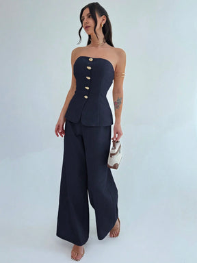 Firerie Conjunto de 2 Peças para Mulheres Minimalista Elegante, Top Bandeau com Botão de Metal e Calça de Perna Larga de Cintura Alta em Cáqui, Adequado para Escritório, Lazer, Férias