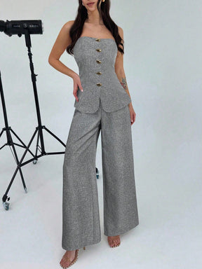 Firerie Conjunto de 2 Peças para Mulheres Minimalista Elegante, Top Bandeau com Botão de Metal e Calça de Perna Larga de Cintura Alta em Cáqui, Adequado para Escritório, Lazer, Férias