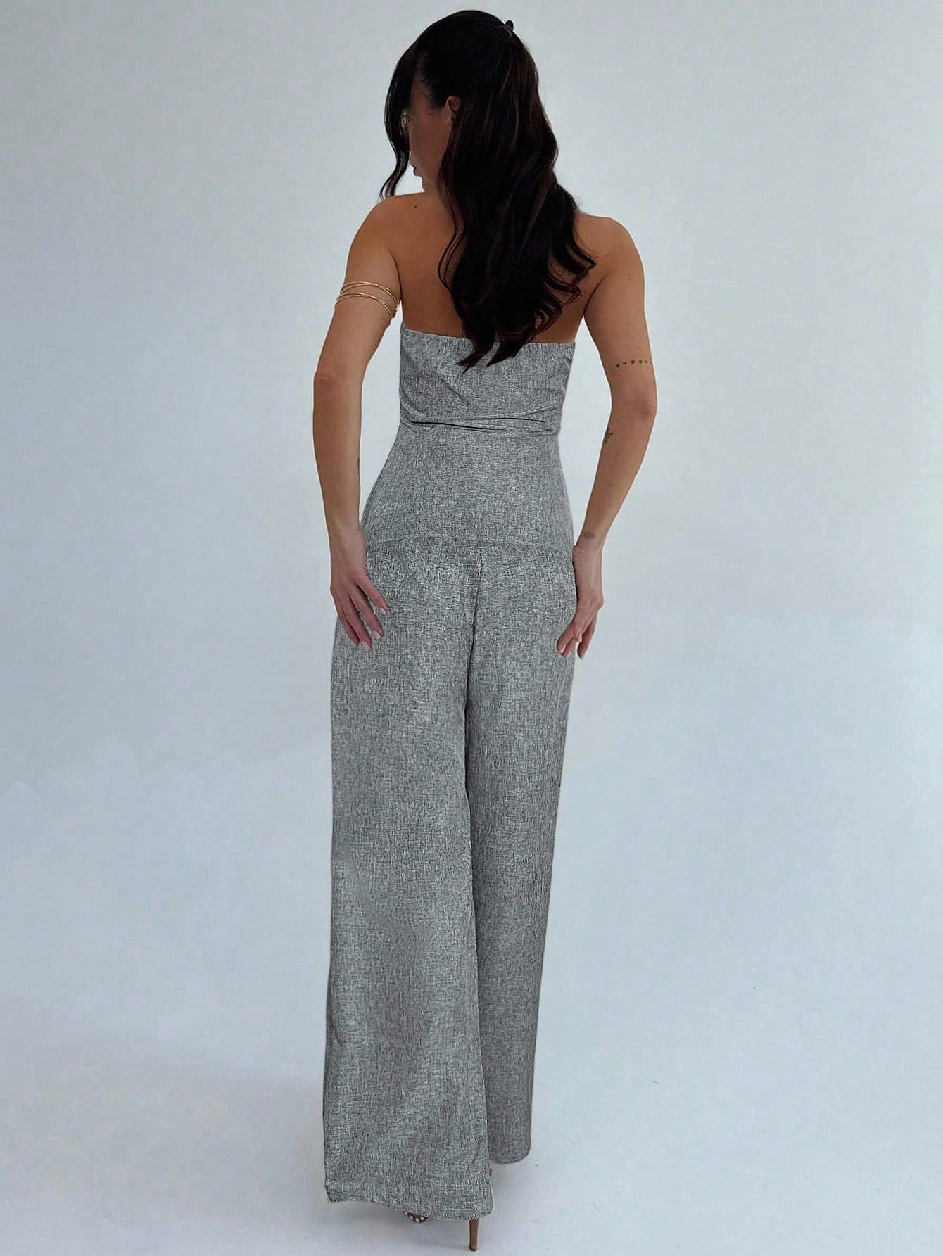 Firerie Conjunto de 2 Peças para Mulheres Minimalista Elegante, Top Bandeau com Botão de Metal e Calça de Perna Larga de Cintura Alta em Cáqui, Adequado para Escritório, Lazer, Férias