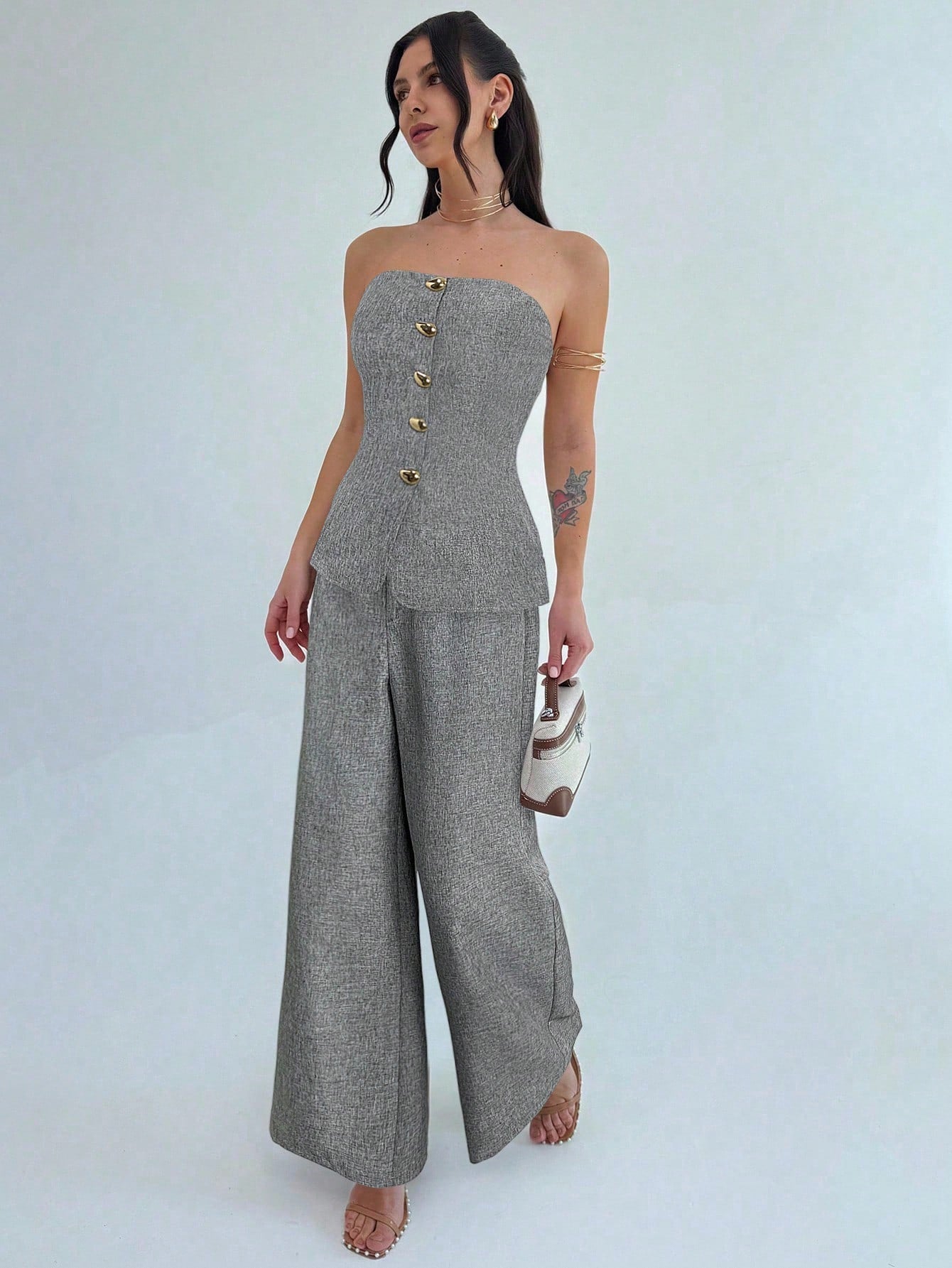 Firerie Conjunto de 2 Peças para Mulheres Minimalista Elegante, Top Bandeau com Botão de Metal e Calça de Perna Larga de Cintura Alta em Cáqui, Adequado para Escritório, Lazer, Férias