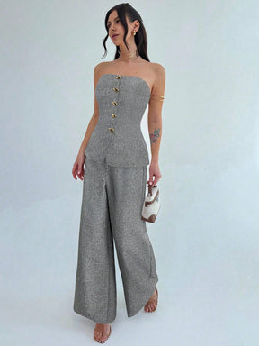 Firerie Conjunto de 2 Peças para Mulheres Minimalista Elegante, Top Bandeau com Botão de Metal e Calça de Perna Larga de Cintura Alta em Cáqui, Adequado para Escritório, Lazer, Férias