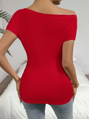 Firerie Camiseta Sólida com Gola Assimétrica e Babados Para o Verão