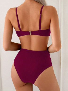 Bikini Elegante de Verão/Primavera para Mulheres com Concha Metálica, Miçangas, Alça no Pescoço, Cintura Alta e Controle da Barriga com borda plissada