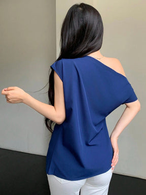 Elenzga Blusa Assimétrica Franzida de Cor Sólida Minimalista Feminina, Verão