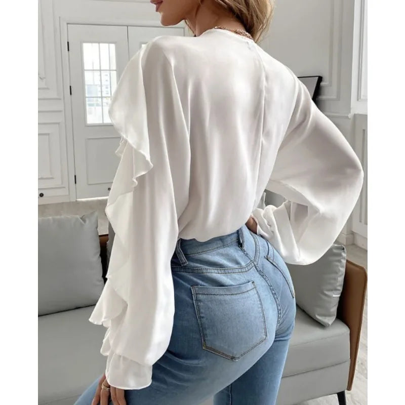 Monocromático v-neck Flounce Top para mulheres, camisa de manga comprida, design temperamento, primavera e verão roupas, recém-chegados