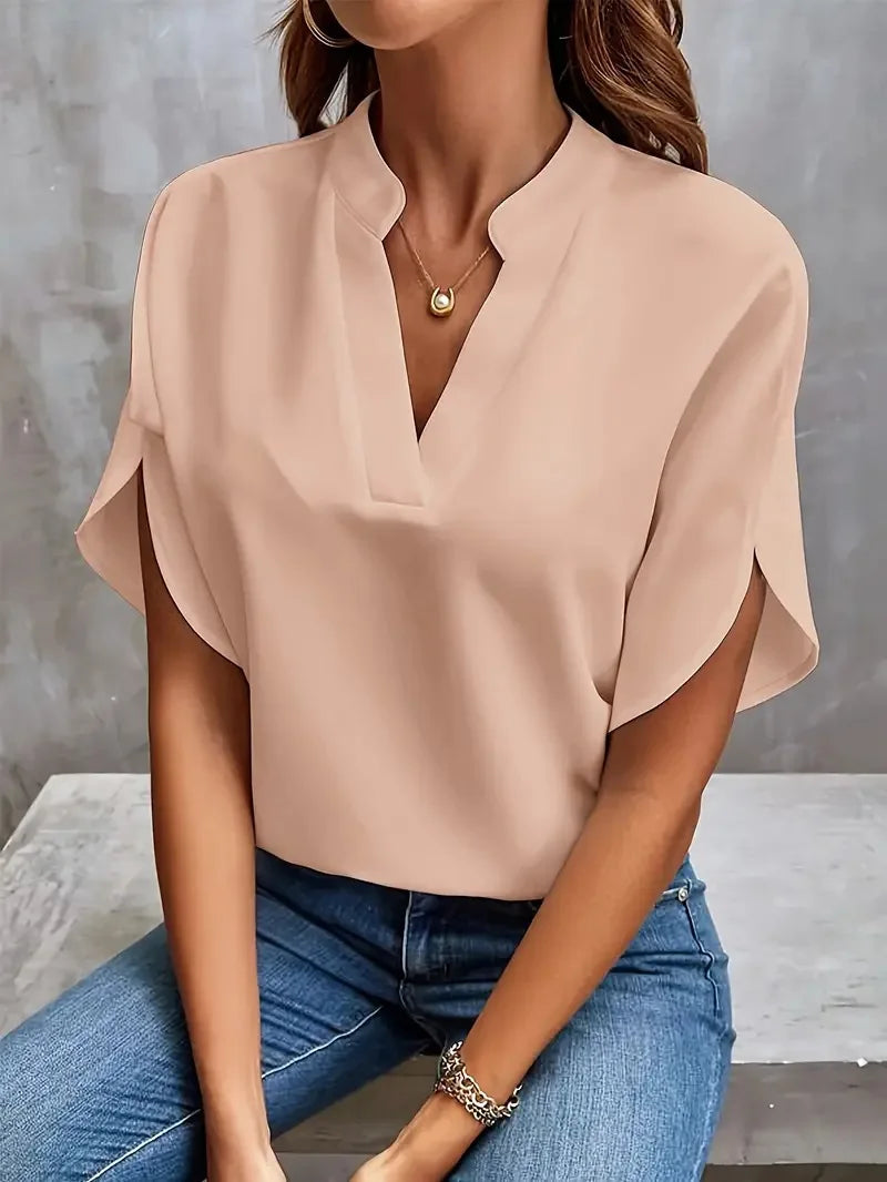 6 opções de cores verão decote em v manga curta blusa sólida camisas casuais mulheres ol blusa de negócios topos SXFZ-FC021