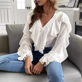 Monocromático v-neck Flounce Top para mulheres, camisa de manga comprida, design temperamento, primavera e verão roupas, recém-chegados