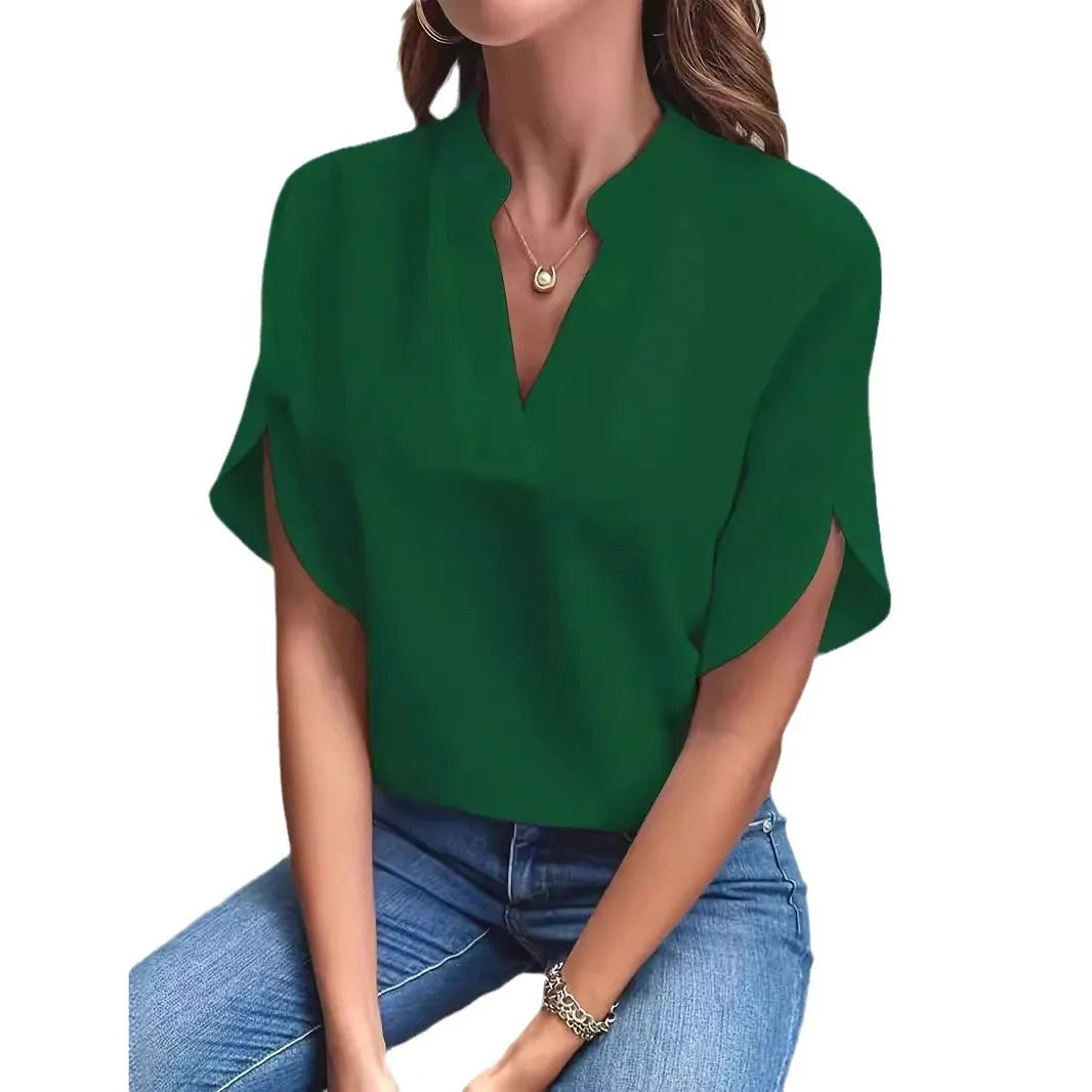 6 opções de cores verão decote em v manga curta blusa sólida camisas casuais mulheres ol blusa de negócios topos SXFZ-FC021