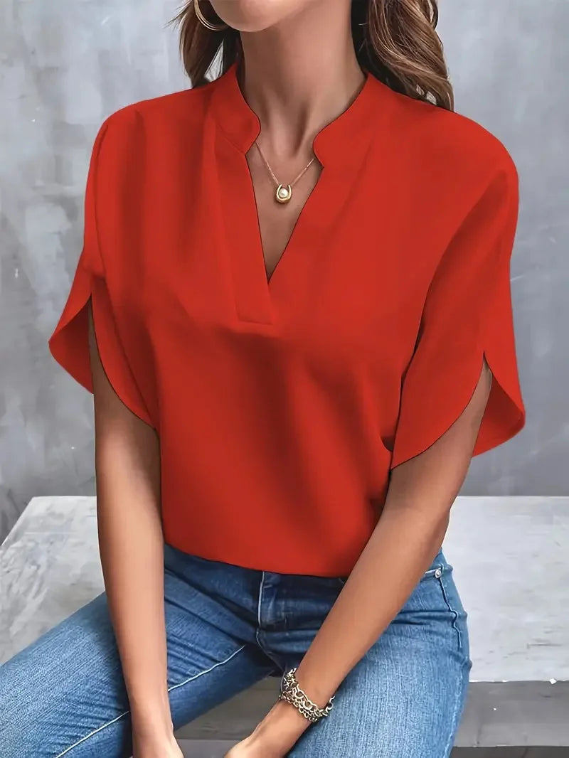 6 opções de cores verão decote em v manga curta blusa sólida camisas casuais mulheres ol blusa de negócios topos SXFZ-FC021