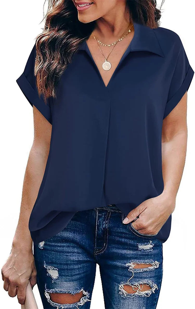 Mulheres verão estilo blusas camisas senhora casual turn-down colarinho batwing manga cor sólida blusa solta topos df5017